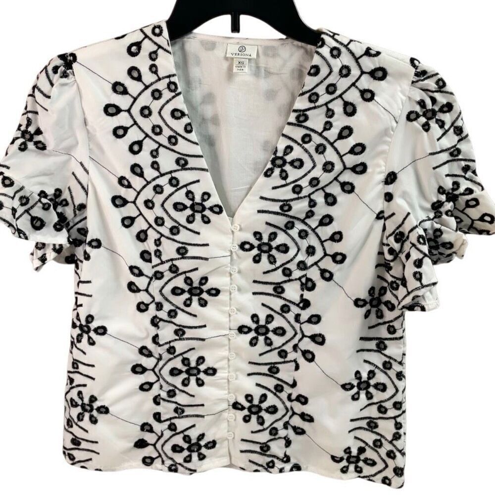 VERSONA Lined Eyelet Embroidered Short Ruffled Sleeves Cottagecore Blouse Sz XS
